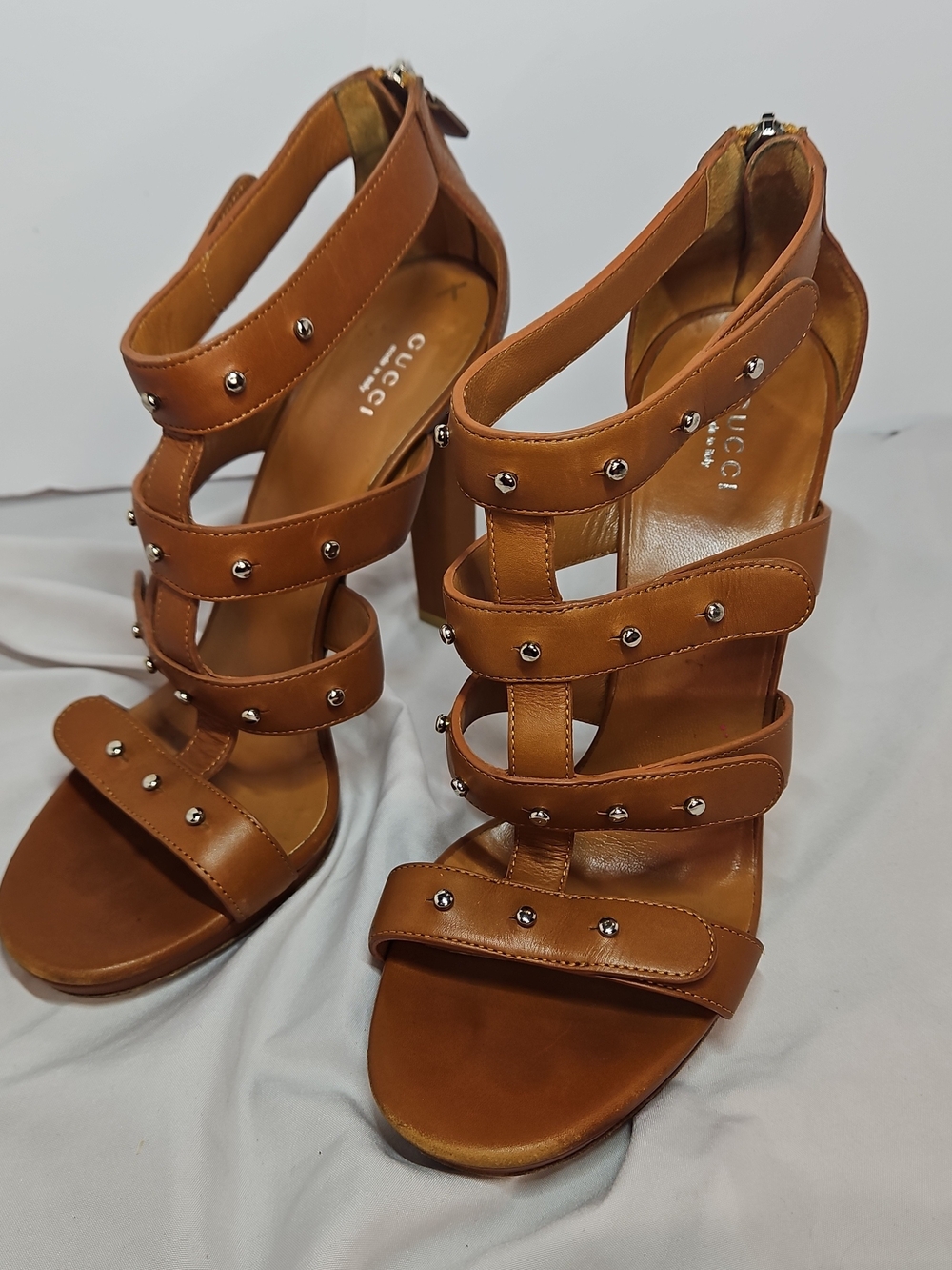 Gucci Tan Leather Studded Multi-Strap High Heels